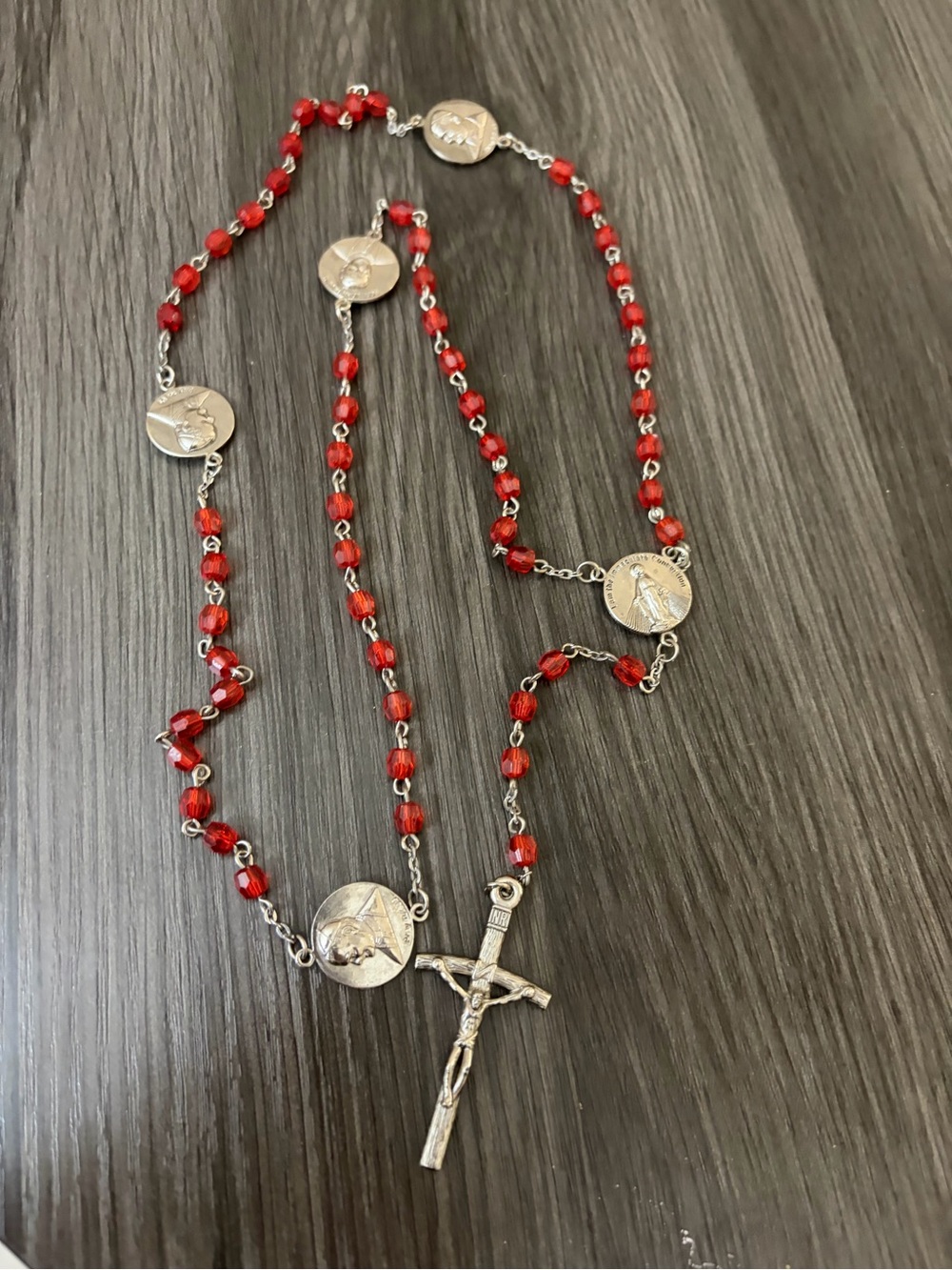 Red Beaded Rosary Necklace with Silver Crucifix